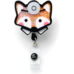 A playful orange and black fox-shaped badge reel with a shiny finish and a logo, featuring a doctor’s stethoscope design.