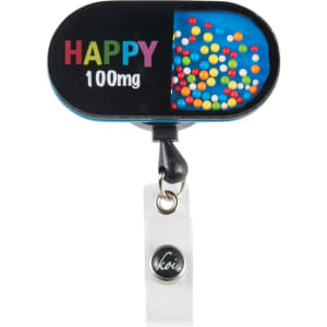 A blue and black shaker badge featuring colourful beads inside, attached to a clip with a branding logo.