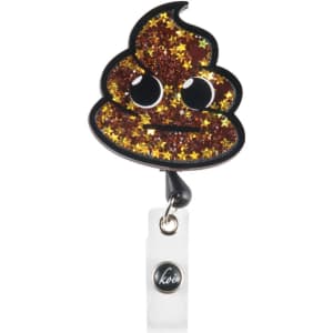 A glittery brown poop emoji badge with black outlines and a retractable clasp, featuring star accents and a logo.