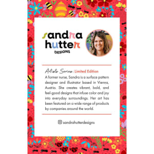 A vibrant, patterned design featuring flowers and leaves in various colours, with a circular logo and a portrait of an artist.