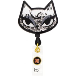 A black and white cat-shaped badge with glitter detailing and a yellow clasp, featuring a clear tag with a small design.