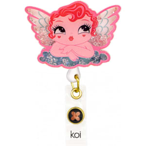 A pink and white badge featuring a cartoon angel with red hair and wings, attached to a clear plastic backing.