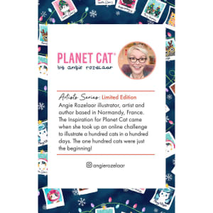A promotional card featuring a colourful design with various cat illustrations and information about the artist.