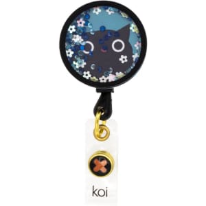 A round badge with a black cat design, surrounded by colourful sequins and flowers, featuring a hook for attachment.
