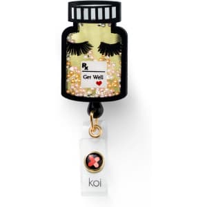 A decorative badge in the shape of a bottle, featuring yellow accents, faux eyelashes, and a logo.