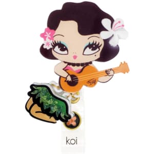 A vibrant badge featuring a character playing guitar, adorned with a green skirt and floral accents, alongside a logo.