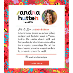 A vibrant floral background features a profile image of a designer, with text about limited edition artist series badges.