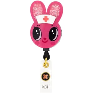 A colourful pink badge featuring a nurse bunny design with sparkles, attached to a retractable cord.