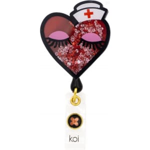 A heart-shaped badge featuring a nurse theme, adorned with red, pink, and transparent embellishments, and a logo.