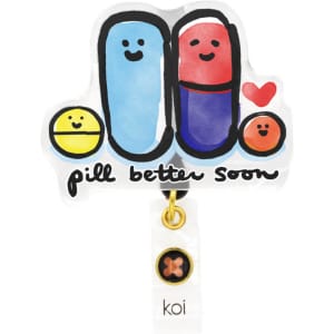 A cartoon-style badge featuring smiling pills in blue and purple, with additional cheerful emojis and a heart design.