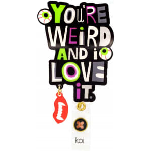 A bold, multicoloured badge featuring playful text and quirky designs, with a logo at the bottom.