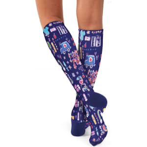 A pair of navy compression socks decorated with colourful patterns of medical-themed illustrations.