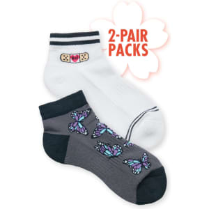 A pair of ankle socks in white with a band-aid design and grey with butterfly patterns, packaged as a 2-pack.
