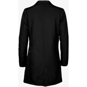 A black women's jacket featuring a sleek design and a back vent. Includes a logo on the fabric.