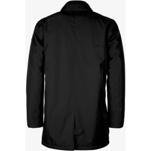 A black men's jacket viewed from the back, featuring a collar and a simple design with a logo.