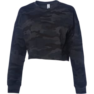 A women's cropped crew sweatshirt in a dark camouflage pattern with long sleeves. It features a logo.