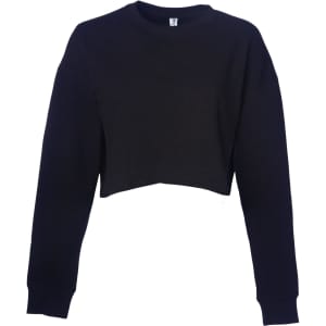 A black women's crop crew sweatshirt with long sleeves and a wide neck. It features a logo.