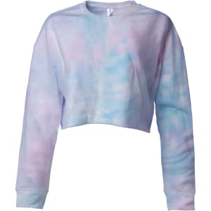 A women's crop crew sweatshirt in pastel tie-dye colours of pink, blue, and purple. The item features long sleeves and a relaxed fit.