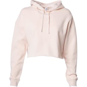 A women's cropped hoodie in a soft pink colour with a hood and drawstrings. It features a relaxed fit.