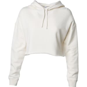 A white women's crop hoodie with a hood and long sleeves, featuring a relaxed fit. It has a logo.