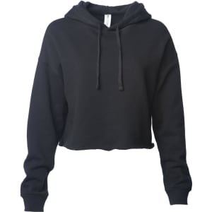 A black women's crop hoodie featuring a hood and long sleeves, with an adjustable drawstring and a logo.