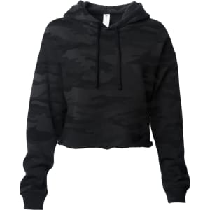 A women's crop hoodie in black camouflage, featuring a hood and long sleeves. It has a brand logo.