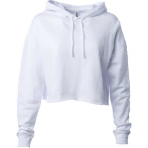 A white women's crop hoodie with a hood and drawstrings, featuring a relaxed fit and an accompanying logo.
