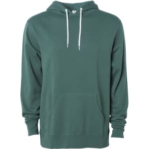 Unisex lightweight pullover hood in dark green, featuring a front pocket and drawstrings. Includes a logo.