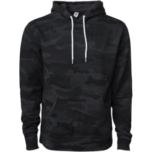 A unisex lightweight pullover hood in a black camouflage pattern with a front pocket and drawstring hood.