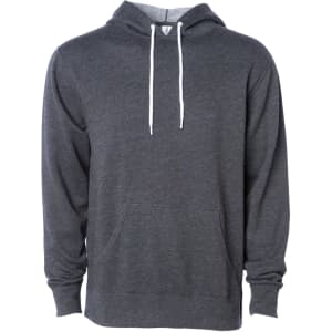 A unisex lightweight pullover hood in dark grey with a front pocket and white drawstrings. It features a logo.