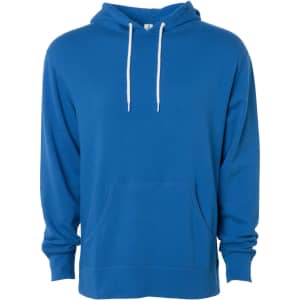 A unisex lightweight pullover hood in bright blue with a front pocket and white drawstrings, featuring a logo.