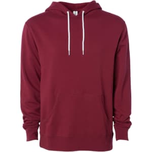 A unisex lightweight pullover hood in burgundy with a front pocket and drawstrings, featuring a logo.