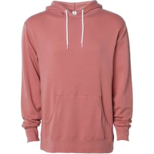 A unisex lightweight pullover hood in a muted pink colour, featuring a front pocket and a hood with drawstrings.