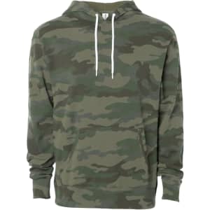 A unisex lightweight pullover hood in a green camouflage pattern with a front pocket and a drawstring hood.