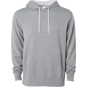 A unisex lightweight pullover hood in grey with a front pocket and drawstrings. It features a logo on the front.