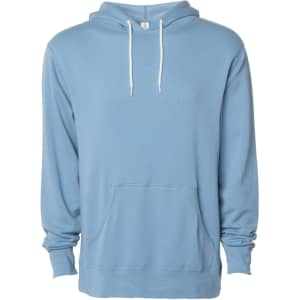 A unisex lightweight pullover hood in light blue with a front pocket and a logo on the waistband.