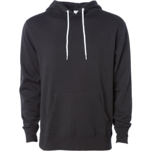A black unisex lightweight pullover hood with a front pocket and white drawstrings. It features a logo on a label.