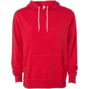 A unisex lightweight pullover hood in red with a front pocket and a logo on the label.