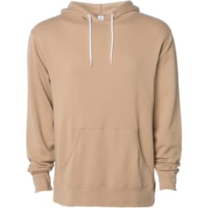 A unisex lightweight pullover hood in a light beige colour with a front pocket and drawstring hood.