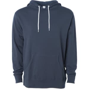 A unisex lightweight pullover hood in navy blue with a front pocket and white drawstrings. It features a logo.