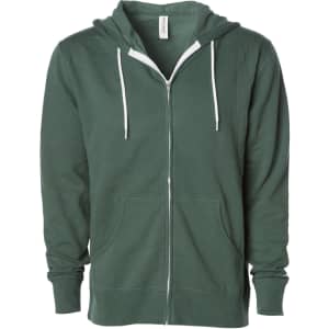 A unisex lightweight zip hood in dark green featuring a front zipper and two pockets. It has a logo on it.