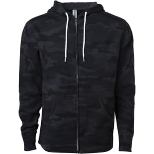 A unisex lightweight zip hood in a black camouflage pattern, featuring a front zipper and two pockets.