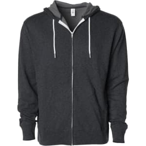 A unisex lightweight zip hoodie in charcoal grey with a white zipper and drawstrings. It features a logo on the front.