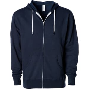 A unisex lightweight zip hood in navy blue with a front zipper and two side pockets. The hoodie has a hood with drawstrings.