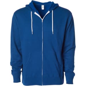 A unisex lightweight zip hood in blue with a front zip and two pockets. Includes a hood and contrasting drawstrings.