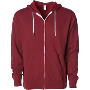A unisex lightweight zip hood in a rich burgundy colour with a front pocket and adjustable drawstrings.