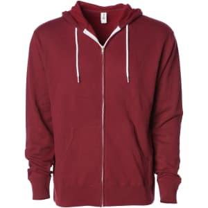 A unisex lightweight zip hood in burgundy with a front zipper and hood, featuring a logo.