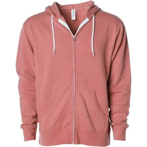 A unisex lightweight zip hoodie in a coral colour, featuring a hood and front pockets. It has a logo on it.