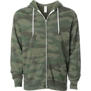 A unisex lightweight zip hood in green camouflage pattern with a front zipper and two side pockets. Features a logo.