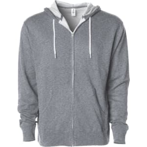 A grey unisex lightweight zip hood with a contrasting grey hood and drawstrings, featuring a logo.